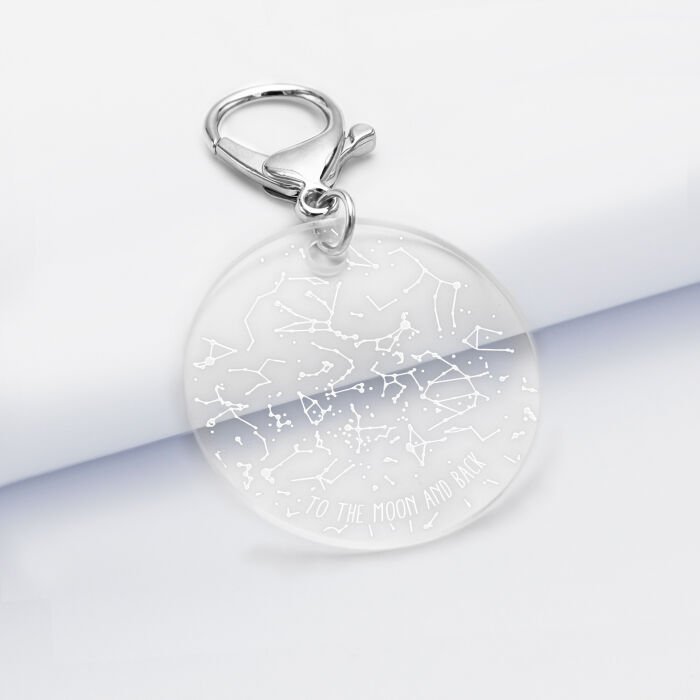 Porte-clés personnalisé gravé acrylique médaille ronde 50 mm "Carte du ciel étoilé" citation
