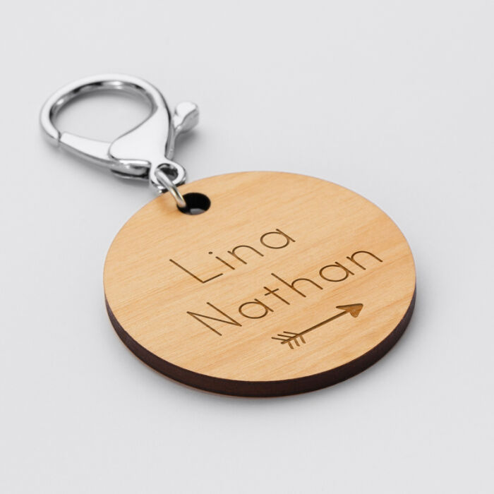 Porte-clés personnalisé gravé bois médaille ronde 50 mm "Carte du ciel étoilé" prénoms