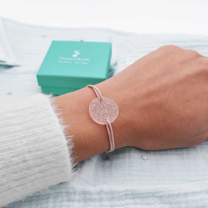 Bracelet personnalisé médaille gravée acrylique ronde 2 trous 21 mm "Carte ciel étoilé" photo