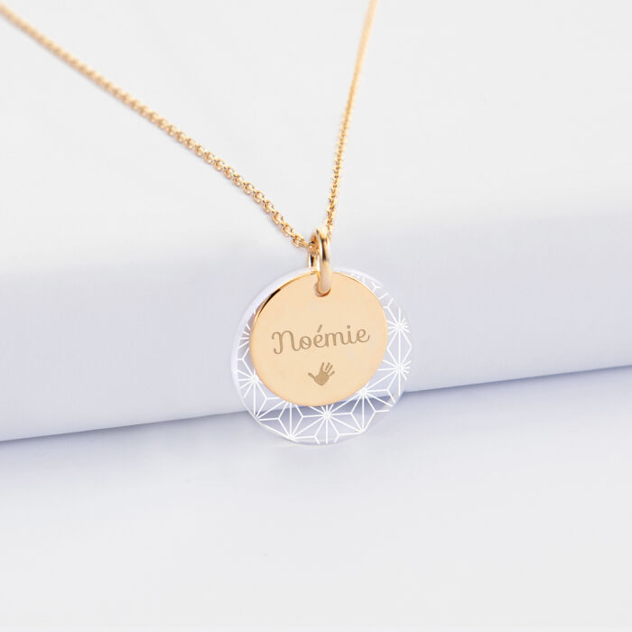 Pendentif personnalisé double médailles gravées plaqué or 15 mm et acrylique 20 mm - texte picto