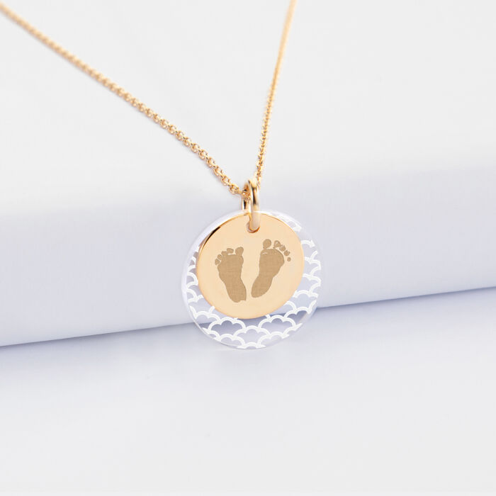 Pendentif personnalisé double médailles gravées plaqué or 15 mm et acrylique 20 mm - empreinte