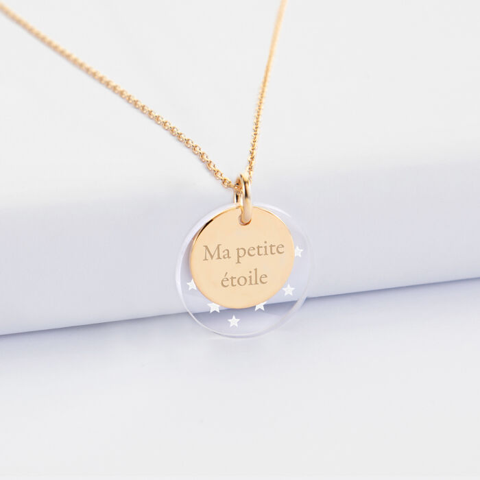 Pendentif personnalisé double médailles gravées plaqué or 15 mm et acrylique 20 mm - texte