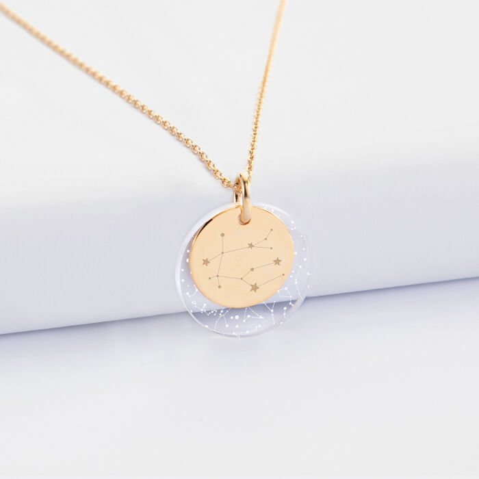 Pendentif personnalisé double médailles gravées plaqué or 15 mm et acrylique 20 mm - illu