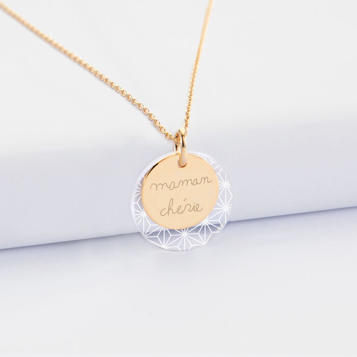 Pendentif personnalisé double médailles gravées plaqué or 15 mm et acrylique 20 mm - manuscrit