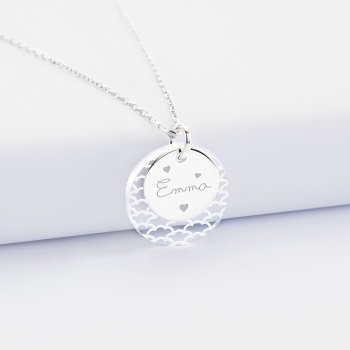 Pendentif personnalisé double médailles gravées argent 15 mm et acrylique 20 mm - prénom + picto