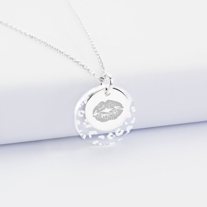 Pendentif personnalisé double médailles gravées argent 15 mm et acrylique 20 mm - empreinte