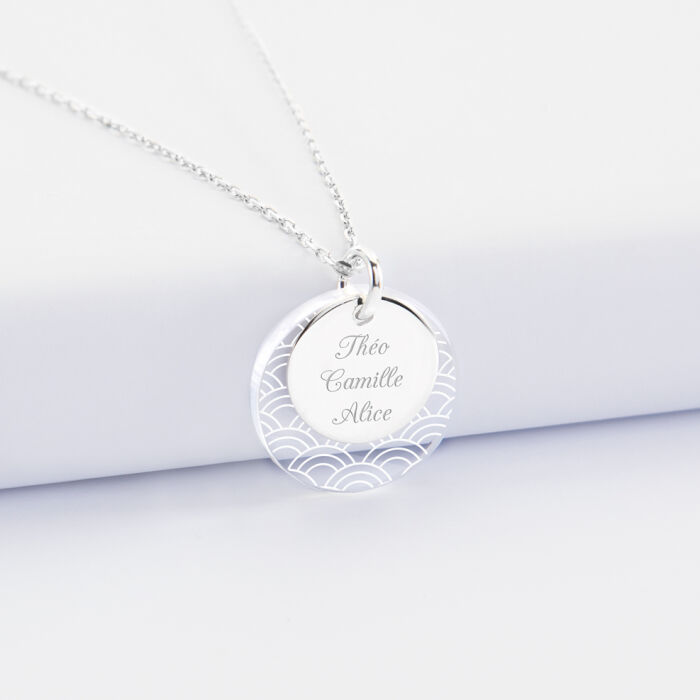 Pendentif personnalisé double médailles gravées argent 15 mm et acrylique 20 mm - texte