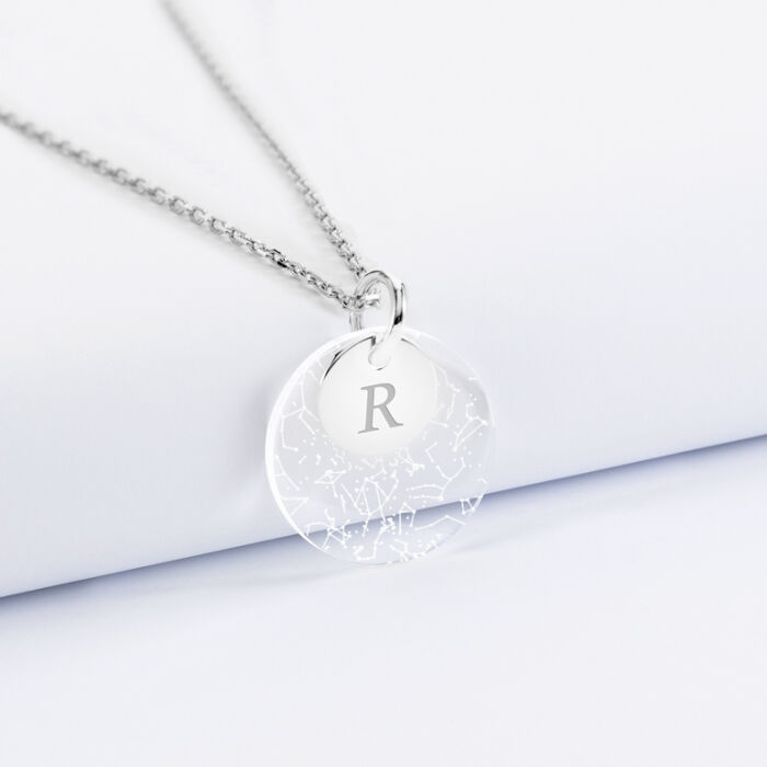 Pendentif personnalisé double médailles gravées argent 10 mm et acrylique "Carte du ciel étoilé" 20 mm R