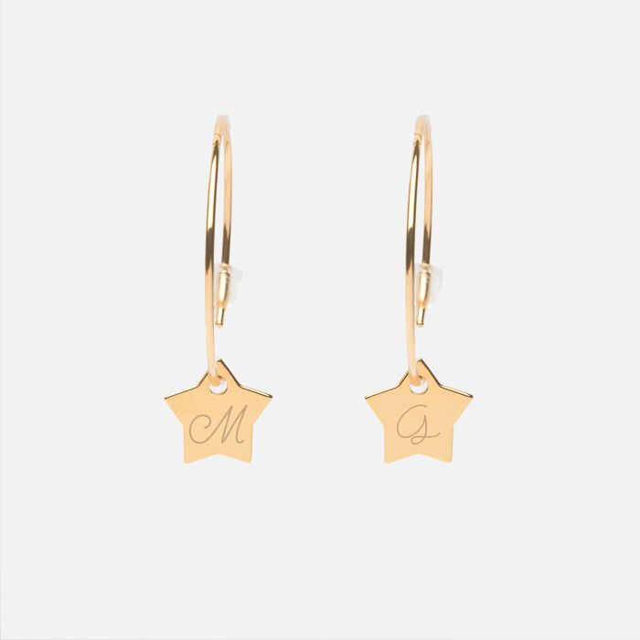 Boucles d'oreilles créoles personnalisées médailles gravées plaqué or initiale étoile 12 mm MG