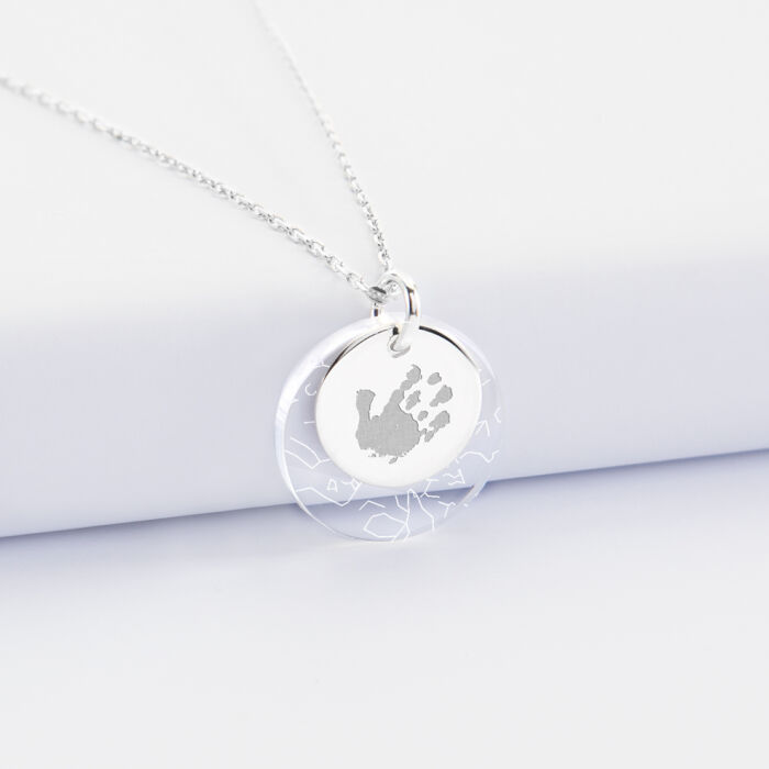 Pendentif personnalisé double médailles gravées argent 15 mm et acrylique "Carte du ciel étoilé" 20 mm empreinte main