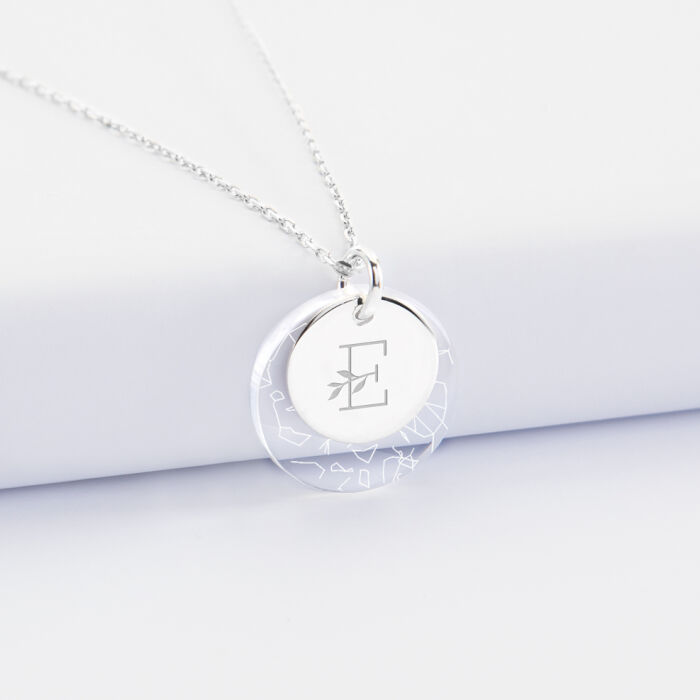 Pendentif personnalisé double médailles gravées argent 15 mm et acrylique "Carte du ciel étoilé" 20 mm initiale florale