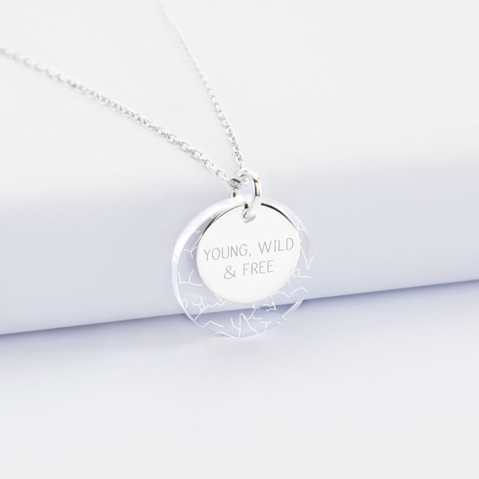 Pendentif personnalisé double médailles gravées argent 15 mm et acrylique "Carte du ciel étoilé" 20 mm citation