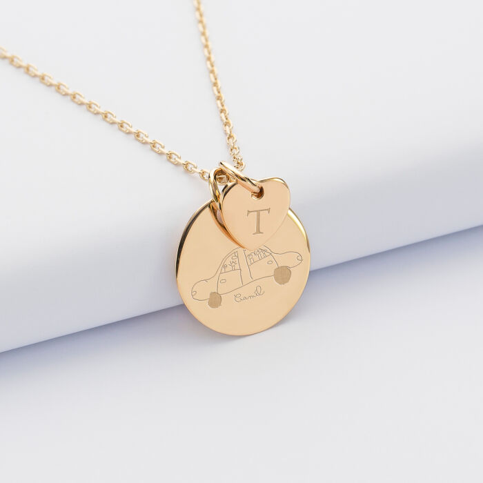 Personalised engraved gold-plated medallion pendant 19mm and heart charm 10mm sketch