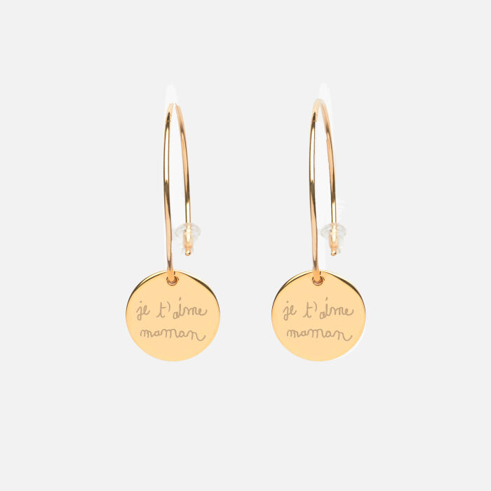 Creole earrings personalised with engraved gold-plated medals 15 mm