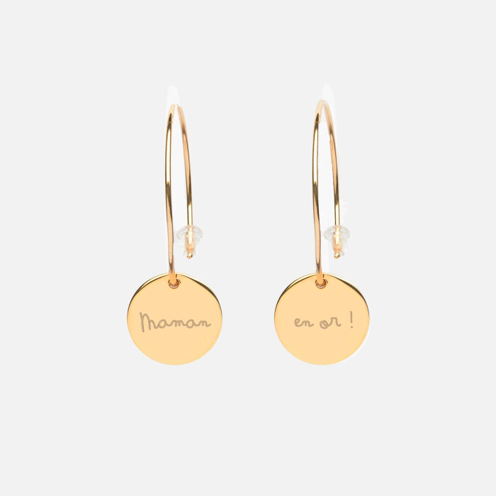 Creole earrings personalised with engraved gold-plated medals 15 mm