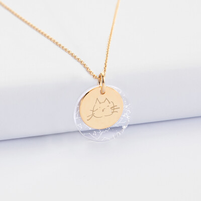 Pendentif personnalisé double médailles gravées plaqué or 15 mm et acrylique "Carte du ciel étoilé" 20 mm dessin chat
