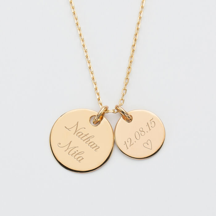 Pendentif personnalisé 2 médailles gravées plaqué or 19 mm et 15 mm texte et date