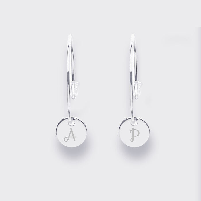 Boucles d'oreilles créoles médailles personnalisées gravées argent initiale 10 mm AP