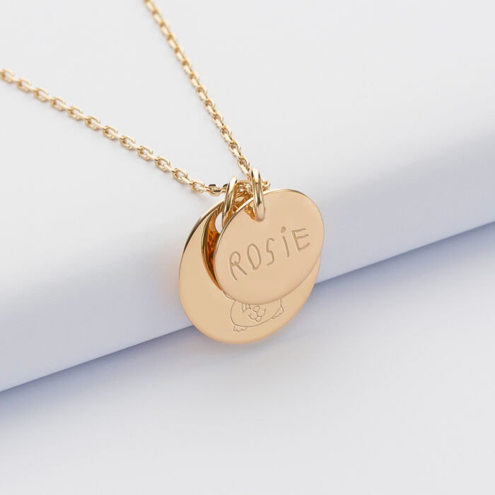 Personalised pendant with 2 engraved gold-plated medallions, 19mm and 15mm sketch and writing