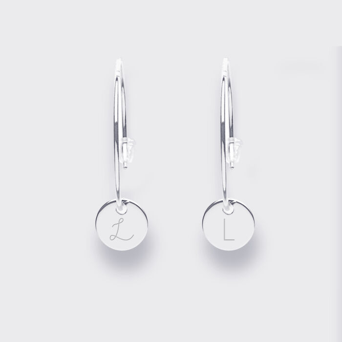 Boucles d'oreilles créoles médailles personnalisées gravées argent initiale 10 mm L