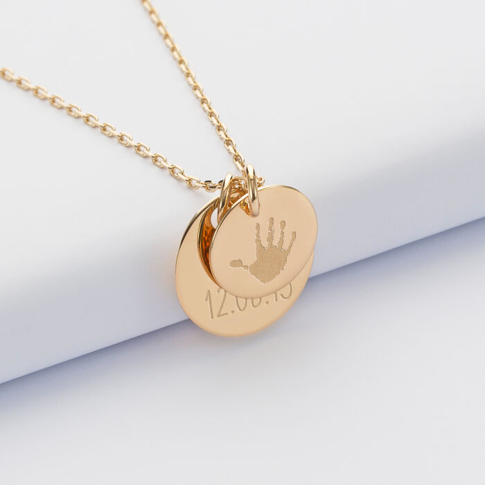 Pendentif personnalisé 2 médailles gravées plaqué or 19 mm et 15 mm empreinte et prénom