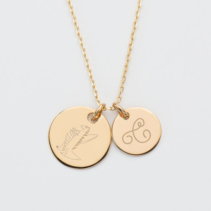 Pendentif personnalisé 2 médailles gravées plaqué or 19 mm et 15 mm dessin et illustration