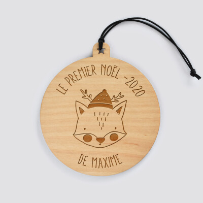 Boule de Noël personnalisée gravée bois ronde - édition spéciale "Noël" renard