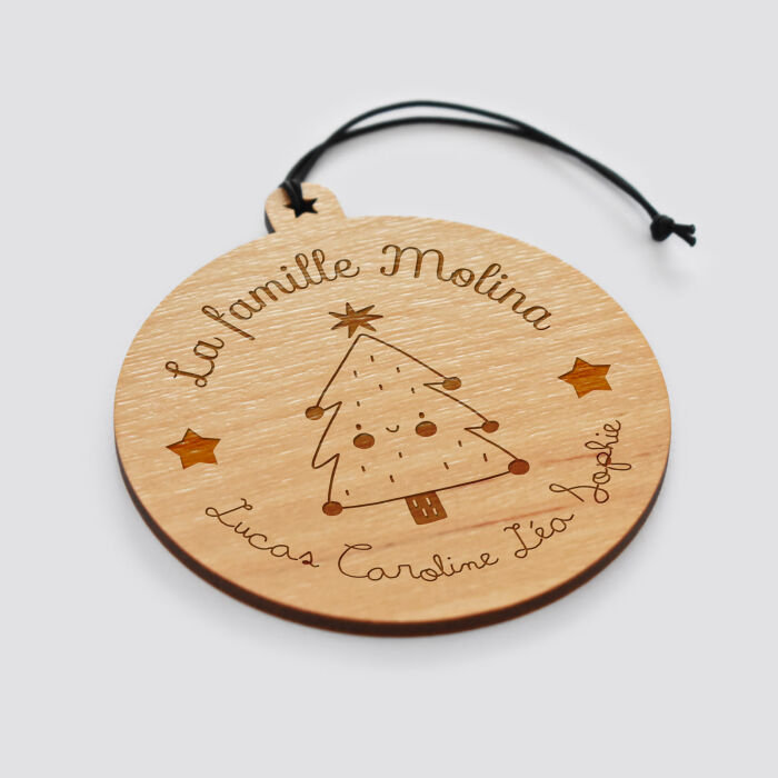Boule de Noël personnalisée gravée bois ronde - édition spéciale "Noël" sapin