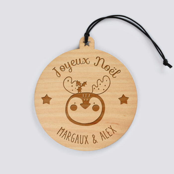 Boule de Noël personnalisée gravée bois ronde - édition spéciale "Noël" pingouin