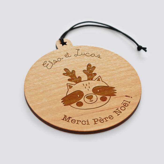Boule de Noël personnalisée gravée bois ronde - édition spéciale "Noël" raton laveur