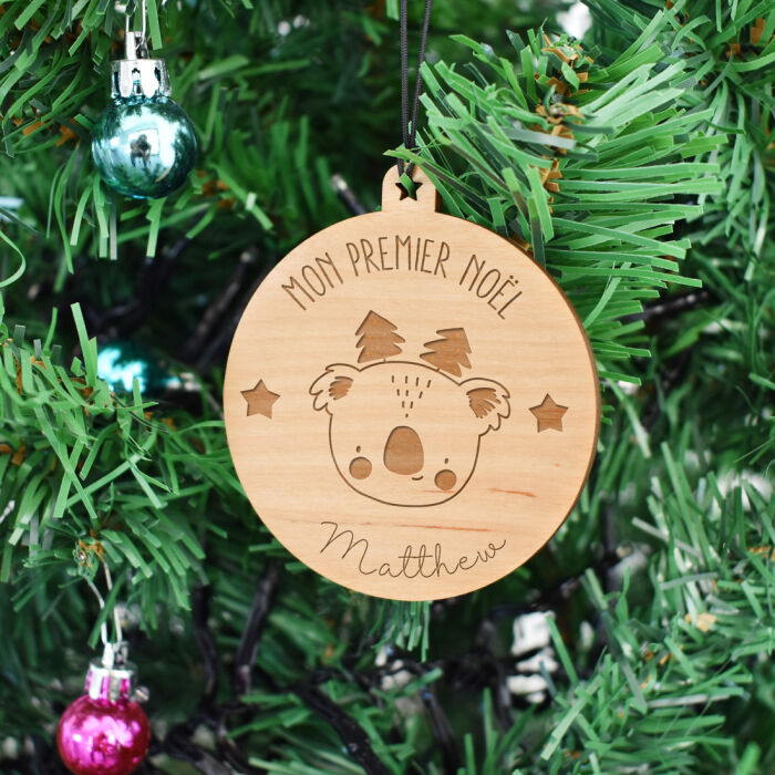 Boule de Noël personnalisée gravée bois ronde - édition spéciale "Noël" koala