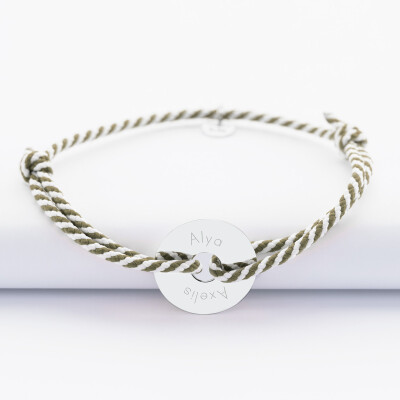 Bracelet homme personnalisé cordon tressé médaille gravée argent cible 20 mm 2 prénoms