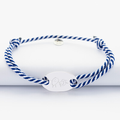 Bracelet homme personnalisé cordon tressé médaille gravée argent ovale 25x16 mm dessin