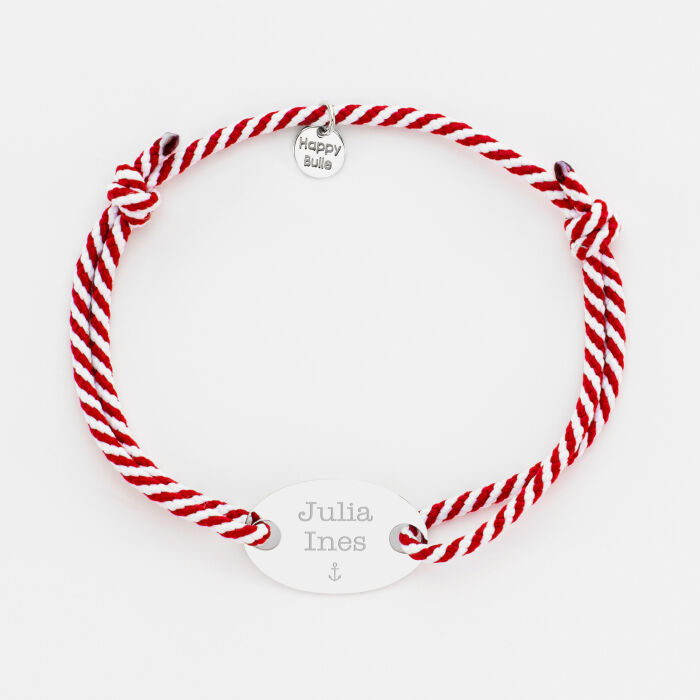Bracelet homme personnalisé cordon tressé médaille gravée argent ovale 25x16 mm prénoms + picto