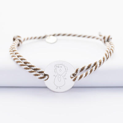 Personalised men bracelet braided cord medal engraved silver open disc 20mm