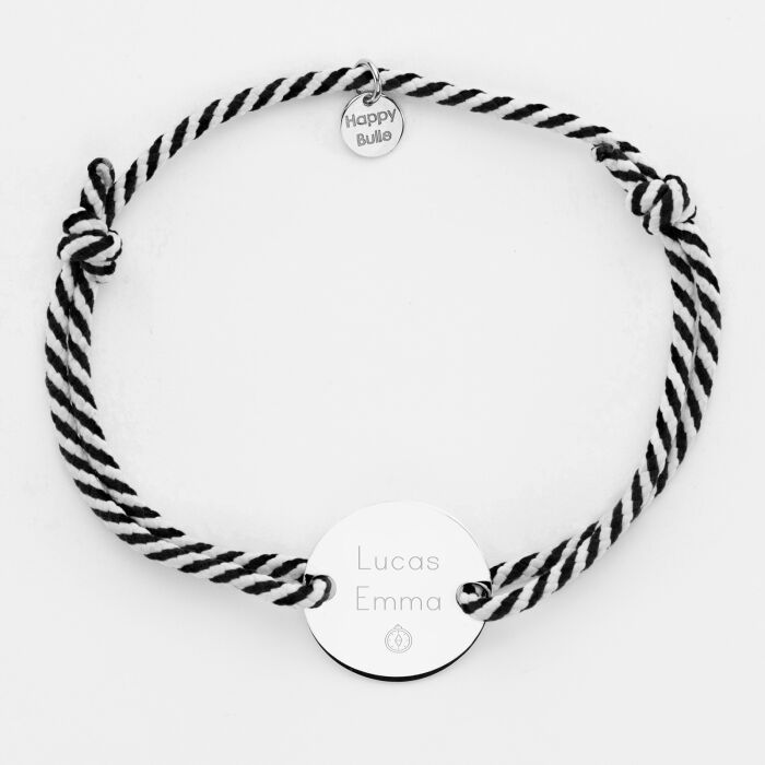 Personalised men bracelet braided cord medal engraved silver open disc 20mm