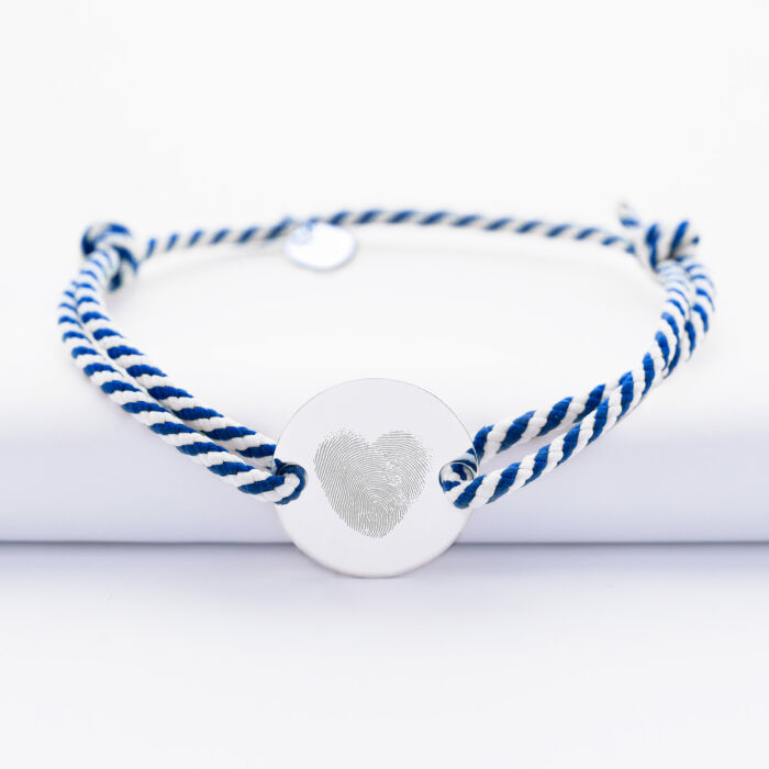 Personalised men bracelet braided cord medal engraved silver open disc 20mm