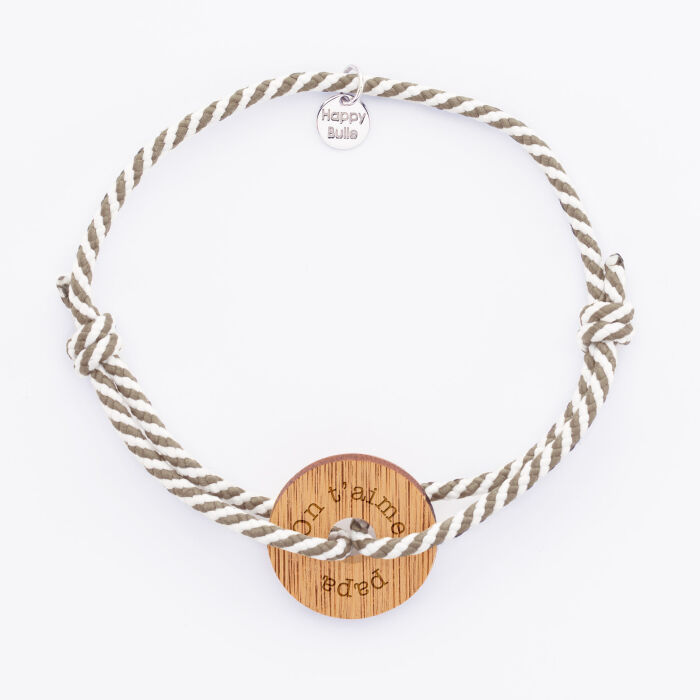 Personalised men's bracelet braided cord medal engraved wood target round 21 mm
