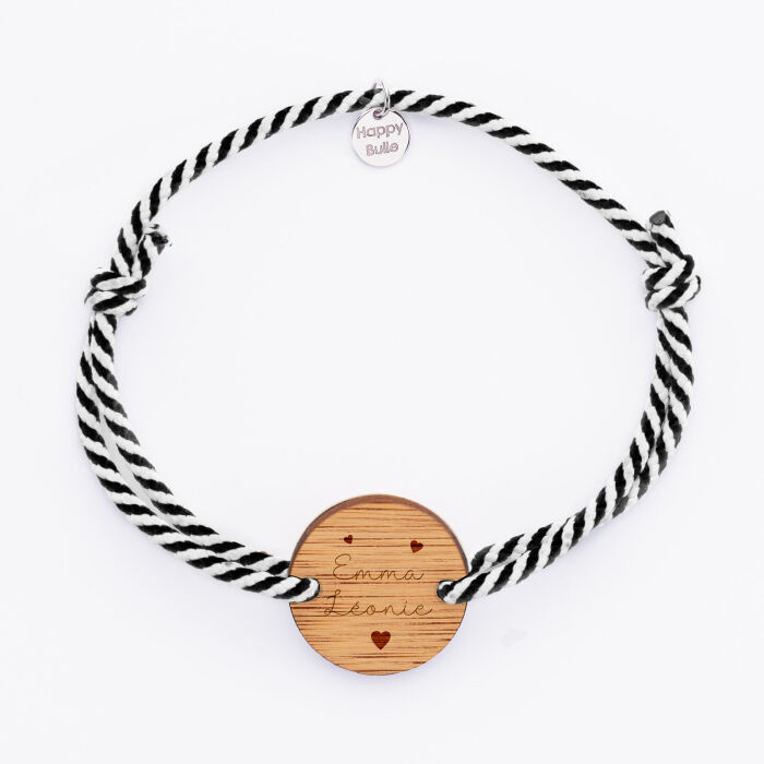 Bracelet homme personnalisé cordon tressé médaille gravée argent cible 20 mm prénoms + picto