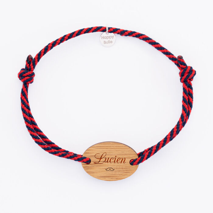 Bracelet homme personnalisé cordon tressé médaille gravée bois ovale 2 trous 25x17 mm prénom + picto