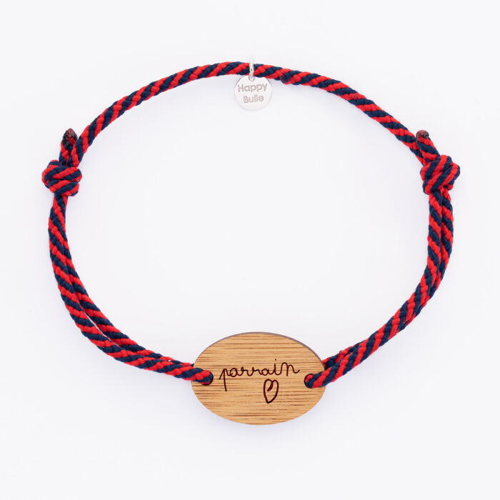 Bracelet homme personnalisé cordon tressé médaille gravée bois ovale 2 trous 25x17 mm écrit