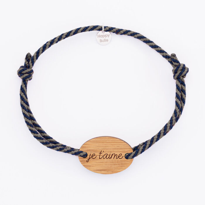 Bracelet homme personnalisé cordon tressé médaille gravée bois ovale 2 trous 25x17 mm texte