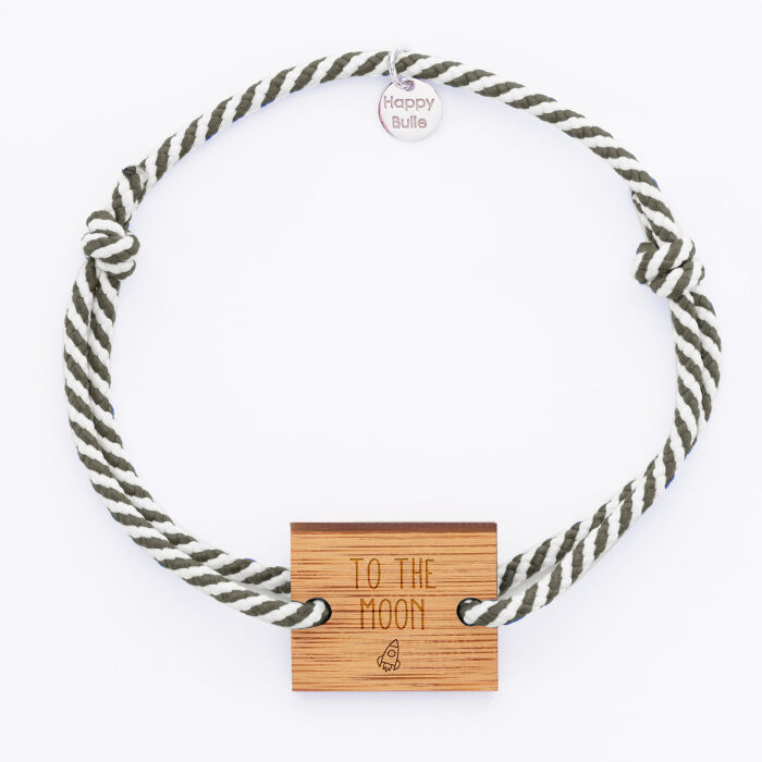 Personalised men's bracelet braided cord engraved 2 holes wooden rectangular medallion 22x18mm