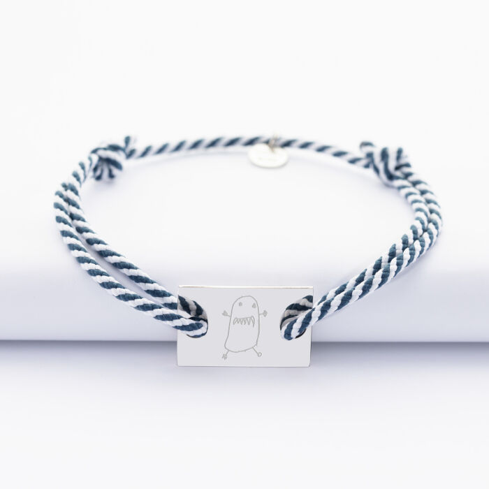Personalised men bracelet braided cord medal engraved silver open disc 20mm