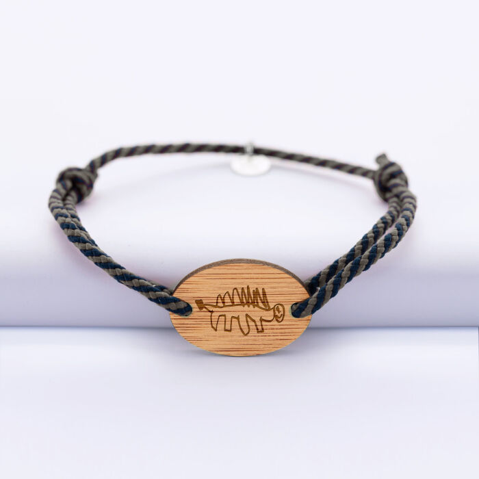Bracelet homme personnalisé cordon tressé médaille gravée bois ovale 2 trous 25x17 mm dessin