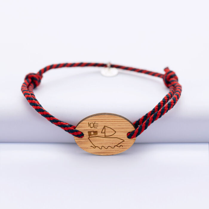 Bracelet homme personnalisé cordon tressé médaille gravée bois ovale 2 trous 25x17 mm dessin 2