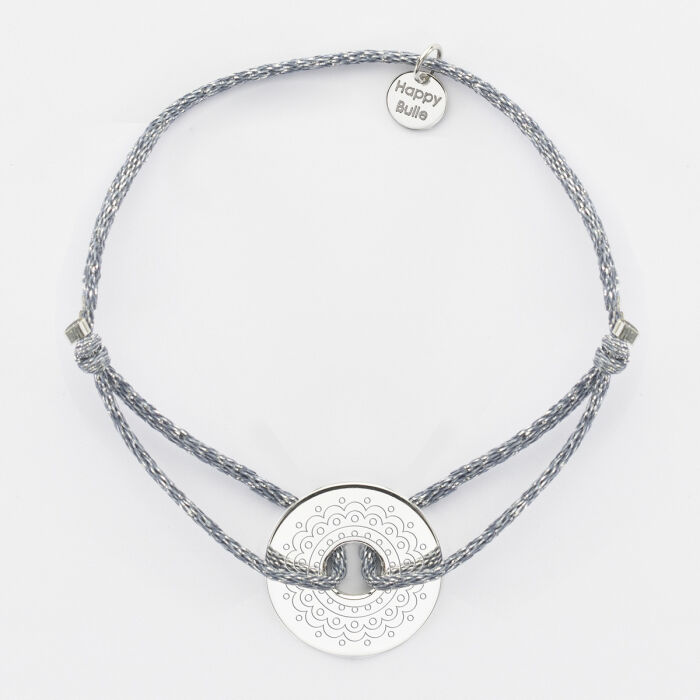 Bracelet personnalisé cordon pailleté médaille gravée argent cible 20 mm mandala