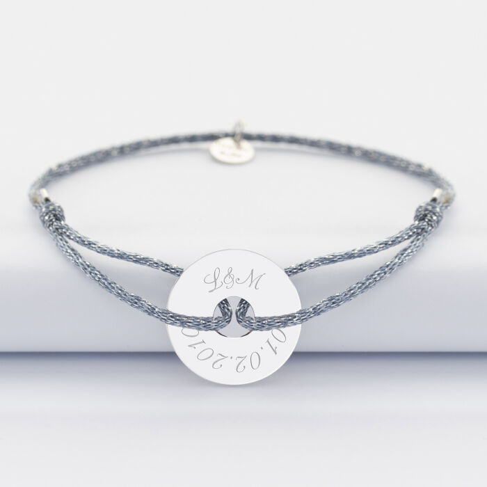 Bracelet personnalisé cordon pailleté médaille gravée argent cible 20 mm date