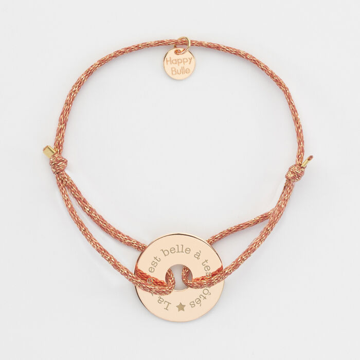 Bracelet personnalisé cordon pailleté médaille gravée plaqué or cible 20 mm texte