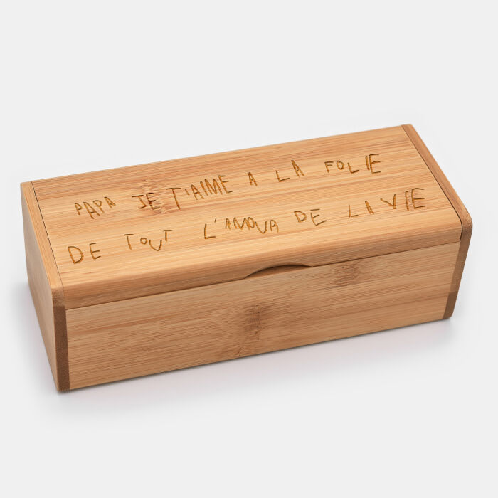 Boîte à lunettes personnalisée bois gravé - Nos petits imparfaits texte manuscrit enfant